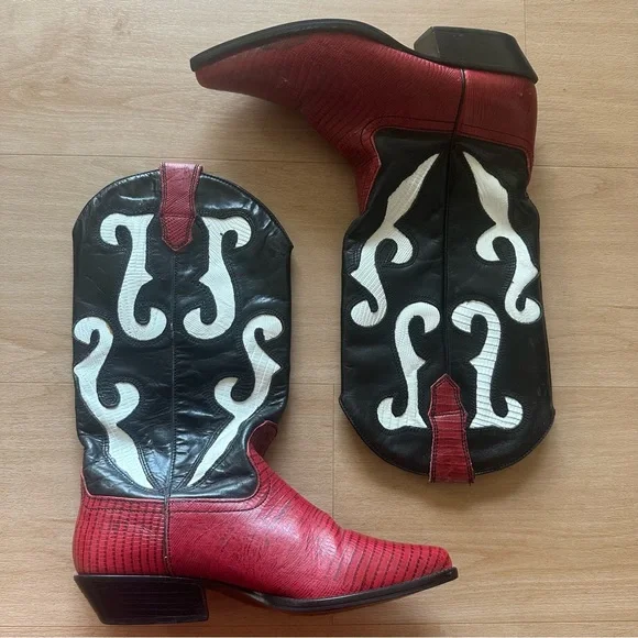 Vintage Nine West Genuine Leather Red Black White Cowboy Boots Lizard Print - Picture 10 of 10